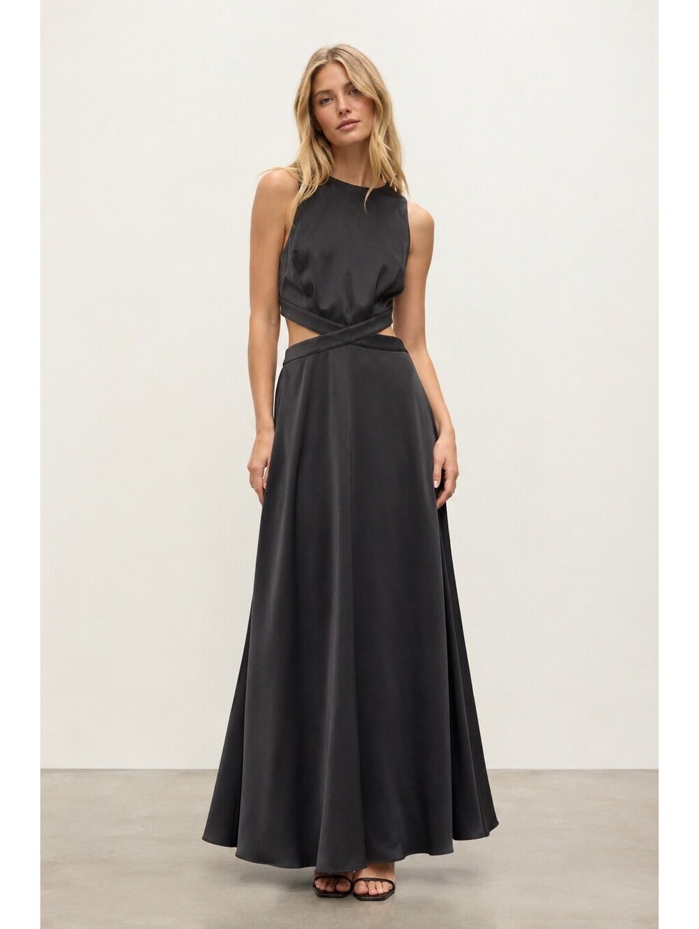 Aritzia Babaton Black Cut Out Satin Maxi Dress XS Sleeveless Elegant Formal